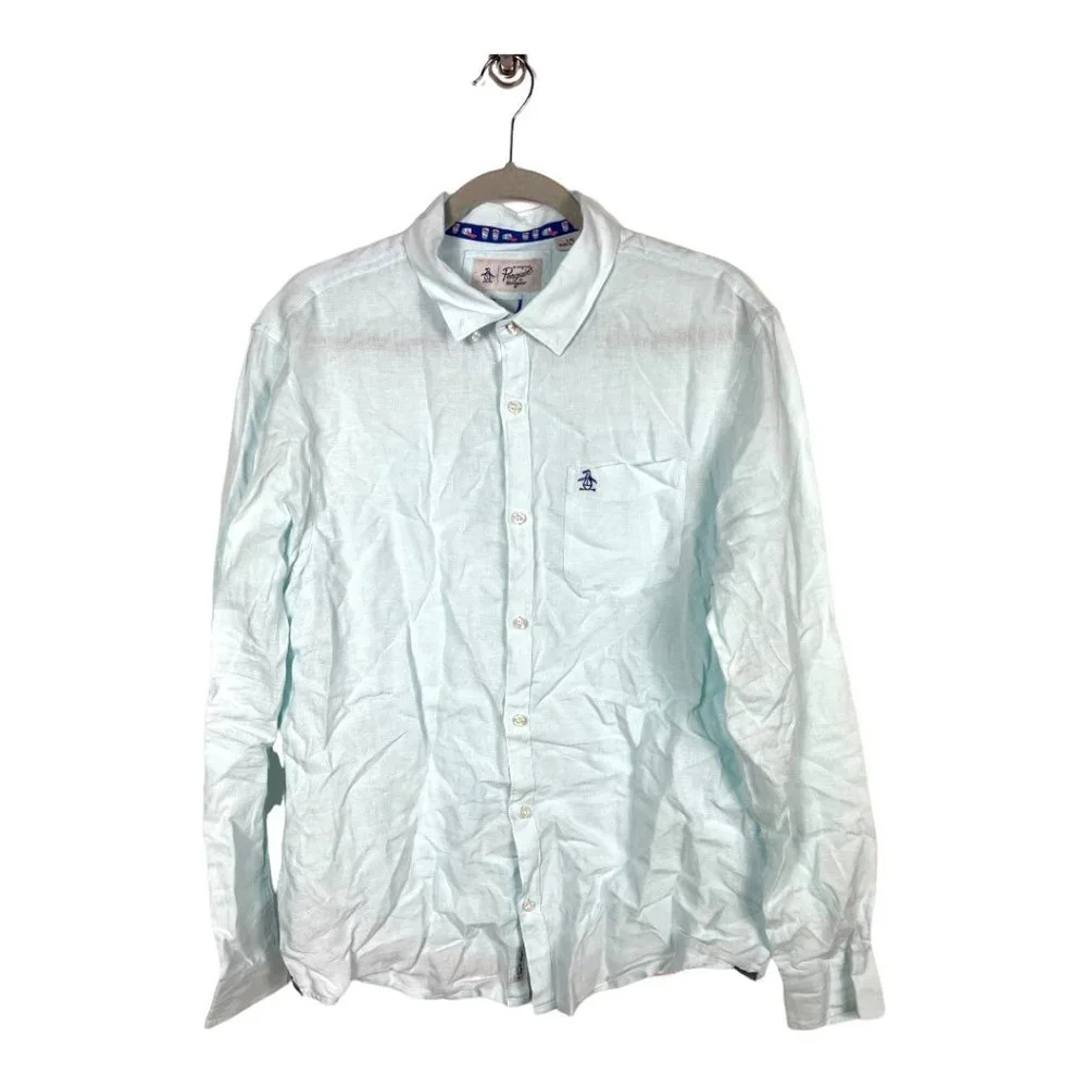Penguin button up blue linen shirt
